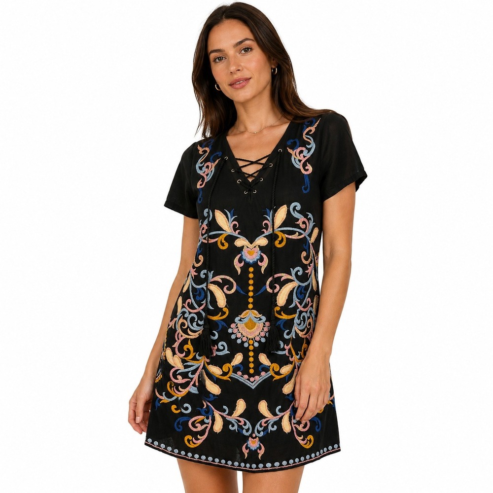 Skies Are Blue Embroidered Shift Dress Women Small Black Boho Lace Up Tassel